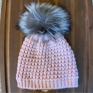 Kyi Kyi Canada Pink Wool Blend Lined Beanie Hat with Dyed Real Fox Fur Pom Pom